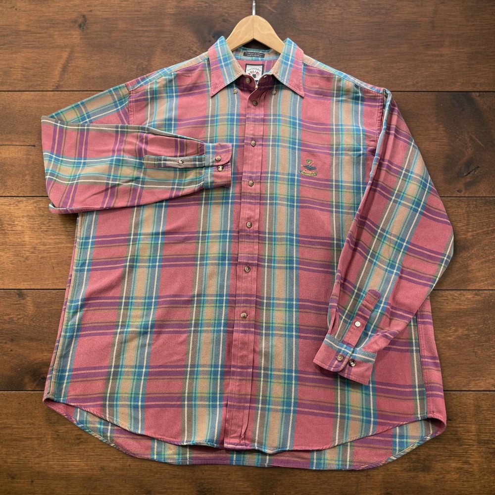Faconnable Mens XXL Red Blue Plaid Cotton Button Down Shirt Long Sleeve France